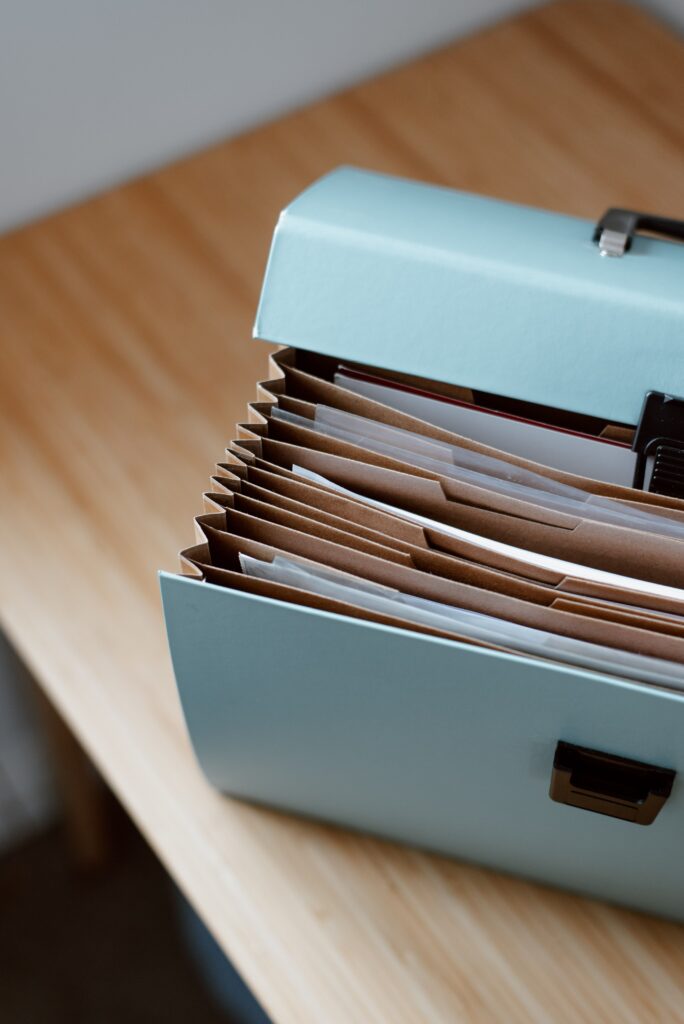 Labeled file folders for organizing important papers by category
