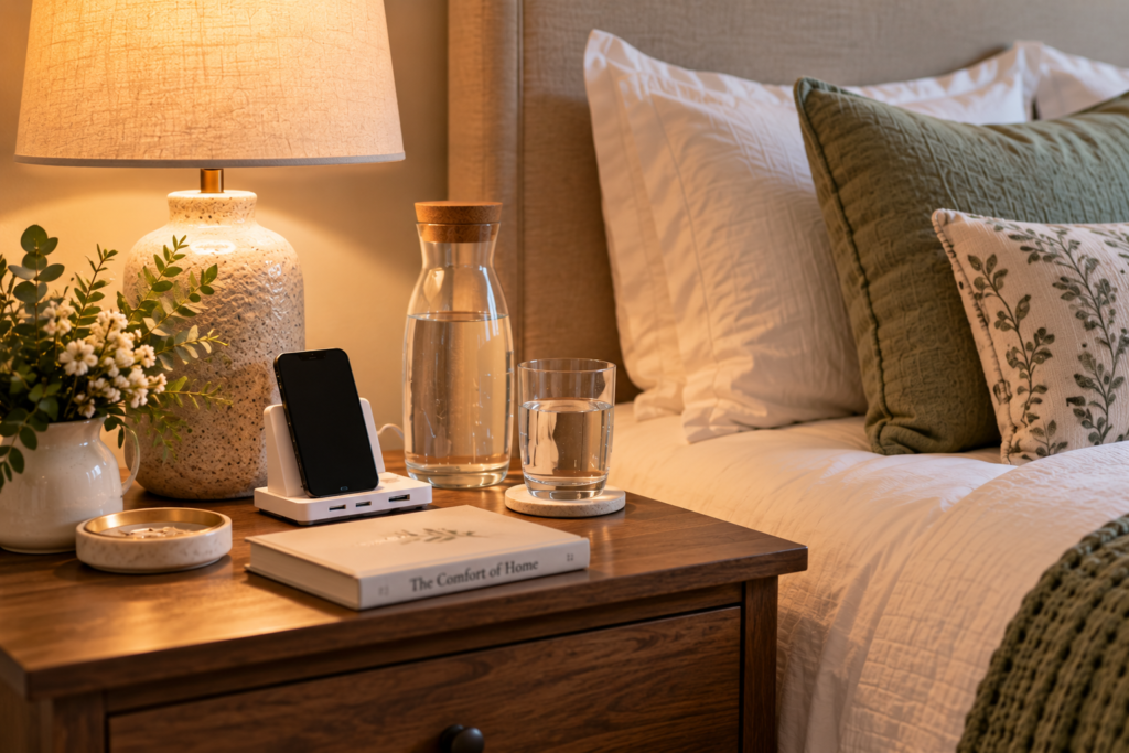 Guest bedroom nightstand with water, bedside lamp and phone charging station for overnight guests