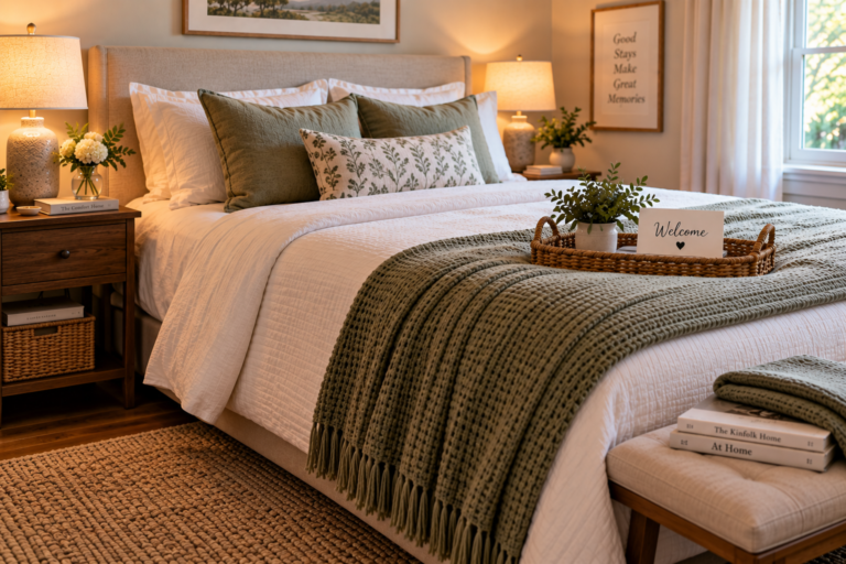 Cozy guest bedroom with fresh bedding, extra blankets and thoughtful touches to make guests feel comfortable
