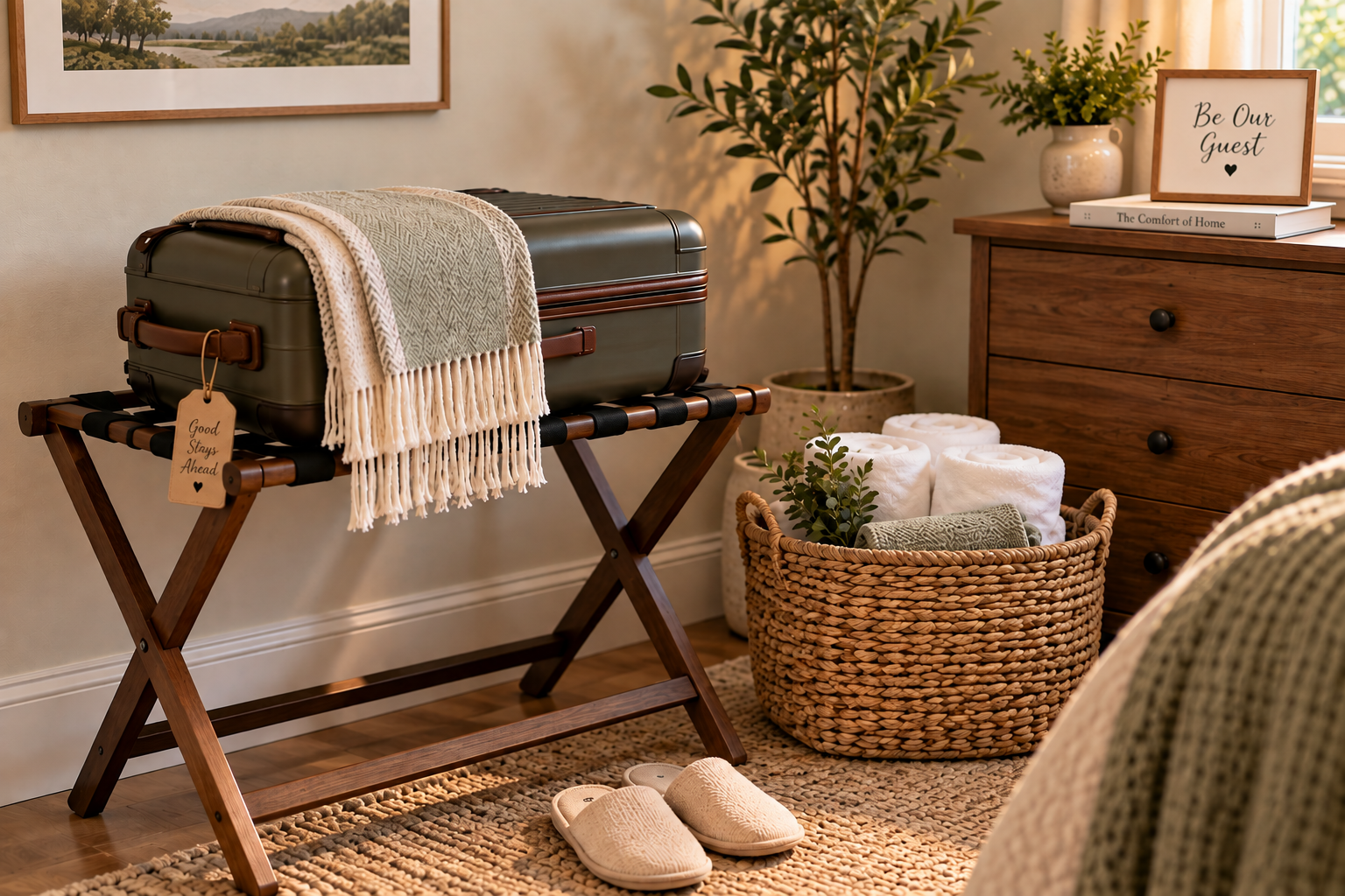 Guest room luggage rack with suitcase, extra towels and blanket ready for overnight guests