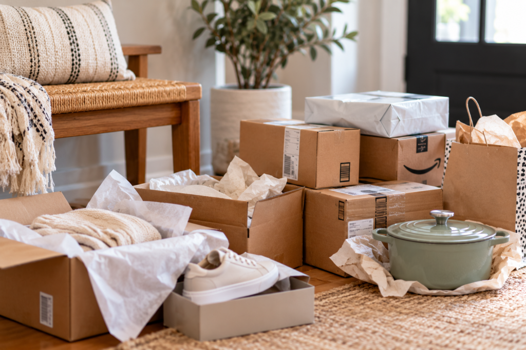 Online shopping packages beside a laptop in a cozy home, representing impulse buying and unnecessary purchases.