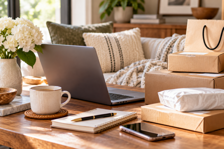 Cozy home setting with a laptop and delivered packages representing impulse buying and online shopping.