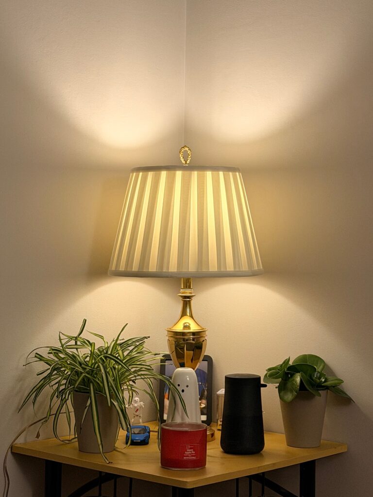Table lamp with a pleated cream lampshade on a corner table with plants