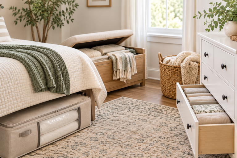Bedroom with under-bed storage, storage bench, dresser drawers and baskets for storing linens without a linen closet.