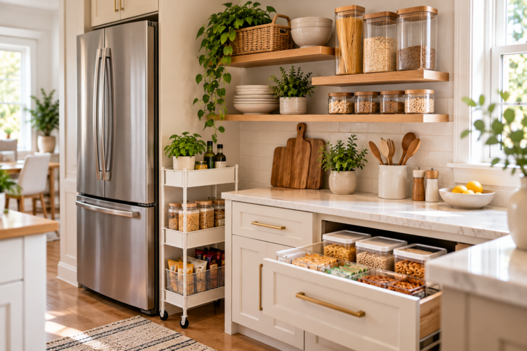 Small kitchen with organized food storage, open shelves, clear containers, and a rolling cart for homes without a pantry.