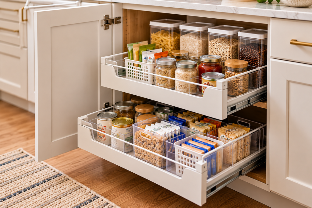 Deep kitchen cabinet with pull-out storage shelves organizing pantry foods, jars, canned goods, and snacks in a small kitchen without a pantry.