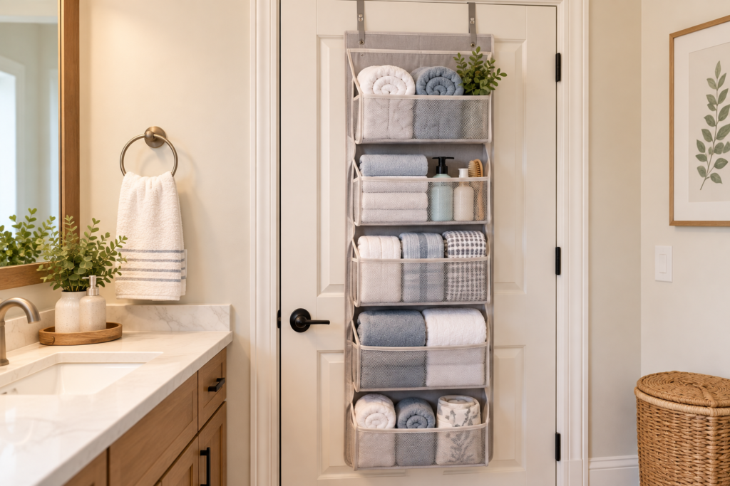 Over-the-door organizer holding rolled towels, washcloths and toiletries in a small bathroom.